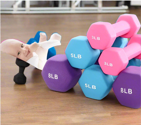 6-piece neoprene dumbbell set with 2, 3, 5 lb weights and storage rack
Color-coded neoprene dumbbells with anti-roll hex shape
Vertical rack holding pink, blue, and purple dumbbells for home fitness
Non-slip dumbbell set with compact stand for small spaces