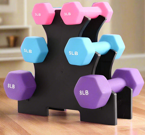 6-piece neoprene dumbbell set with 2, 3, 5 lb weights and storage rack
Color-coded neoprene dumbbells with anti-roll hex shape
Vertical rack holding pink, blue, and purple dumbbells for home fitness
Non-slip dumbbell set with compact stand for small spaces