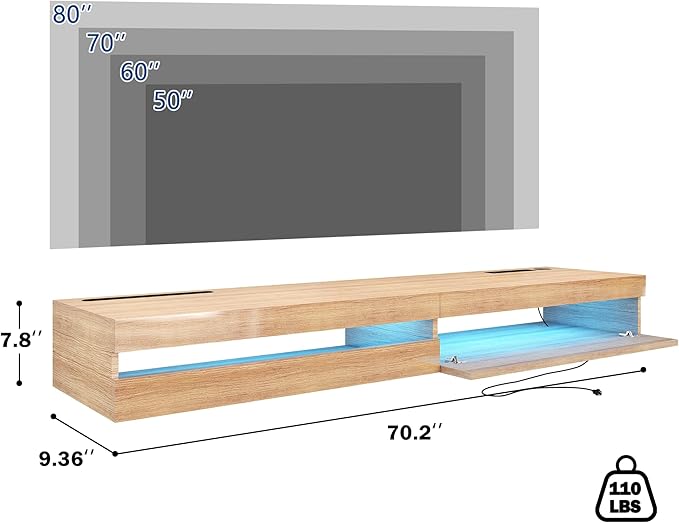 EXQUAL 71 Inch Floating TV Stand with LED Lights and Power Outlet Wall Mounted - with | Sold by Uncle Wiener's Wholesale