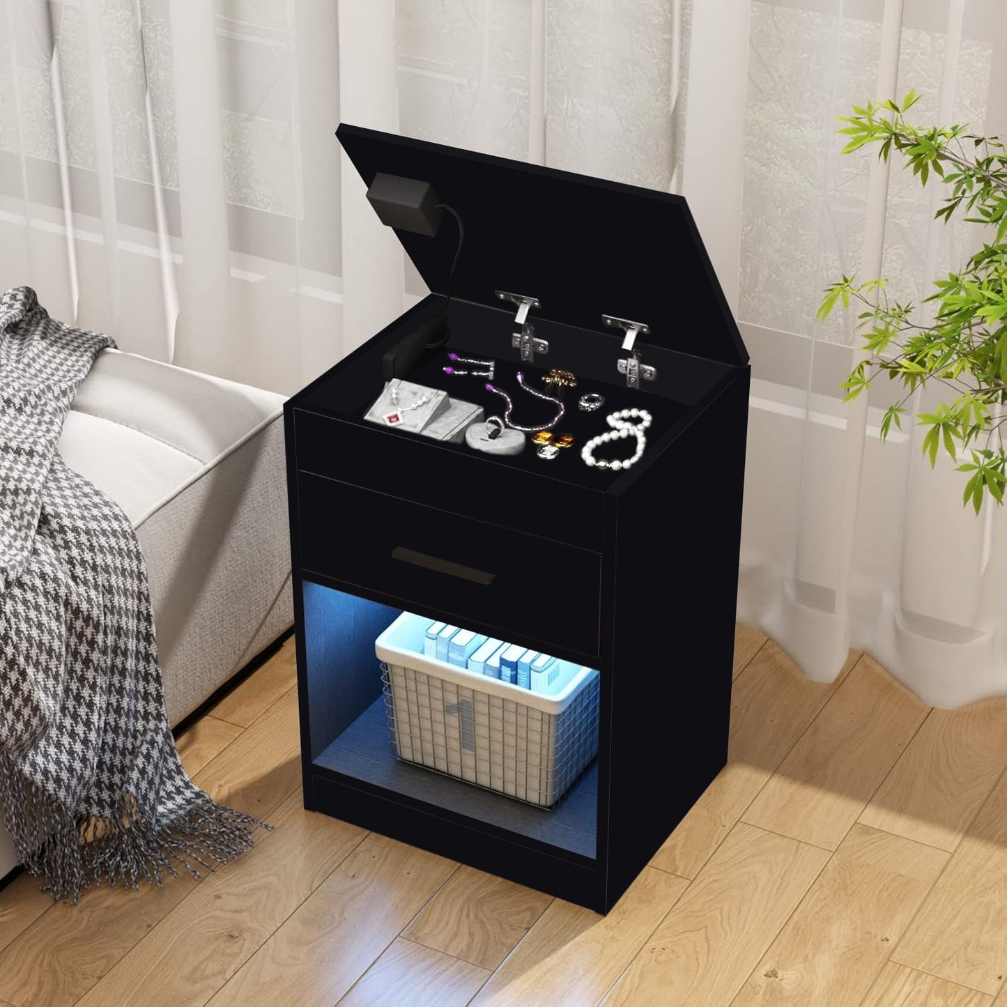 Smart Night Stand Bedside Table with Charging Station LED Lights and Lock White / Black BT034W