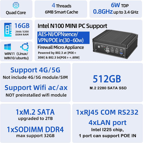 Fanless N100 Mini PC Micro Firewall Appliance, 4 * 2.5Gbe i225 LAN Ports Power Over Ethernet Mini Computer 16GB DDR4 RAM 512GB SATA SSD, USB - C/5*USB/SIM Slot/HD+DP/Home Network Pfsense Router - with N100 POE IN,16+512GB | Sold by Uncle Wiener's Wholesale
