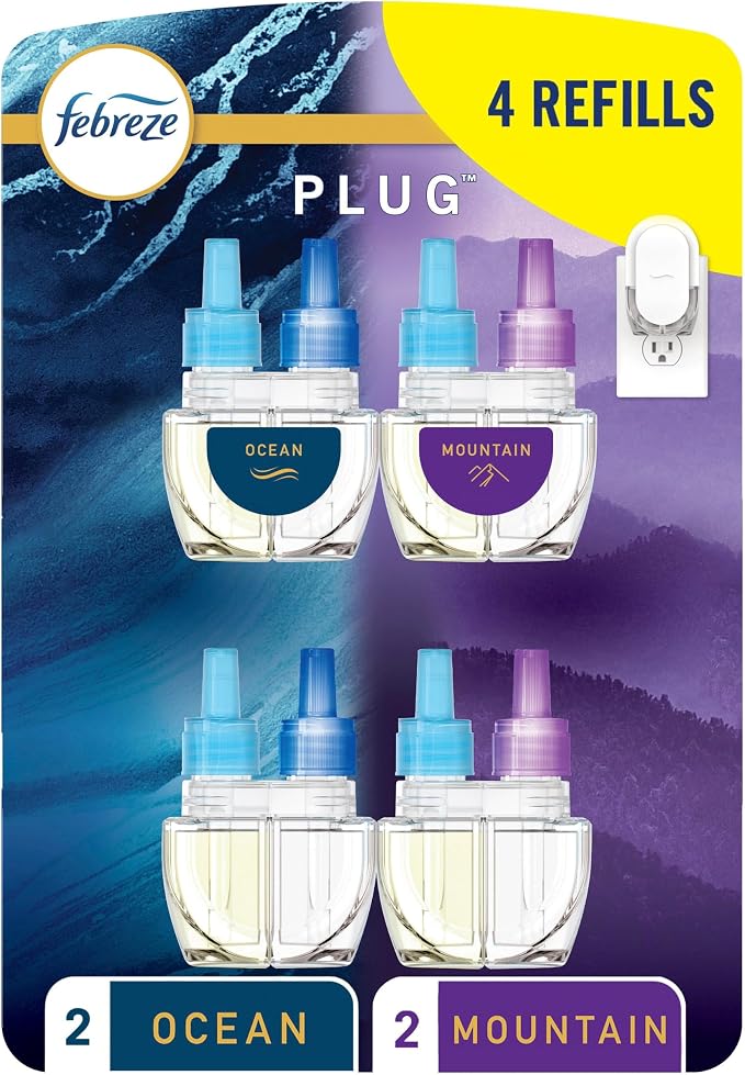 Febreze Plug-In Air Freshener Oil Refills – Odor-Fighting Home Scent Refills, 4 Count - Home products with Ocean & Mountain | Sold by Uncle Wiener's Wholesale