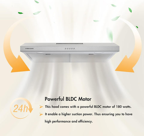 FIREGAS 30-inch under-cabinet range hood with stainless steel LED lights
Slim range hood with brushless DC motor and reusable filters
Kitchen exhaust hood top rear venting ductless convertible installation
Quiet stainless range hood with charcoal filter and 3-speed fan