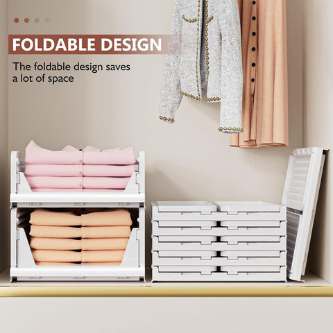 Foldable white storage bins neatly organizing a bedroom closet