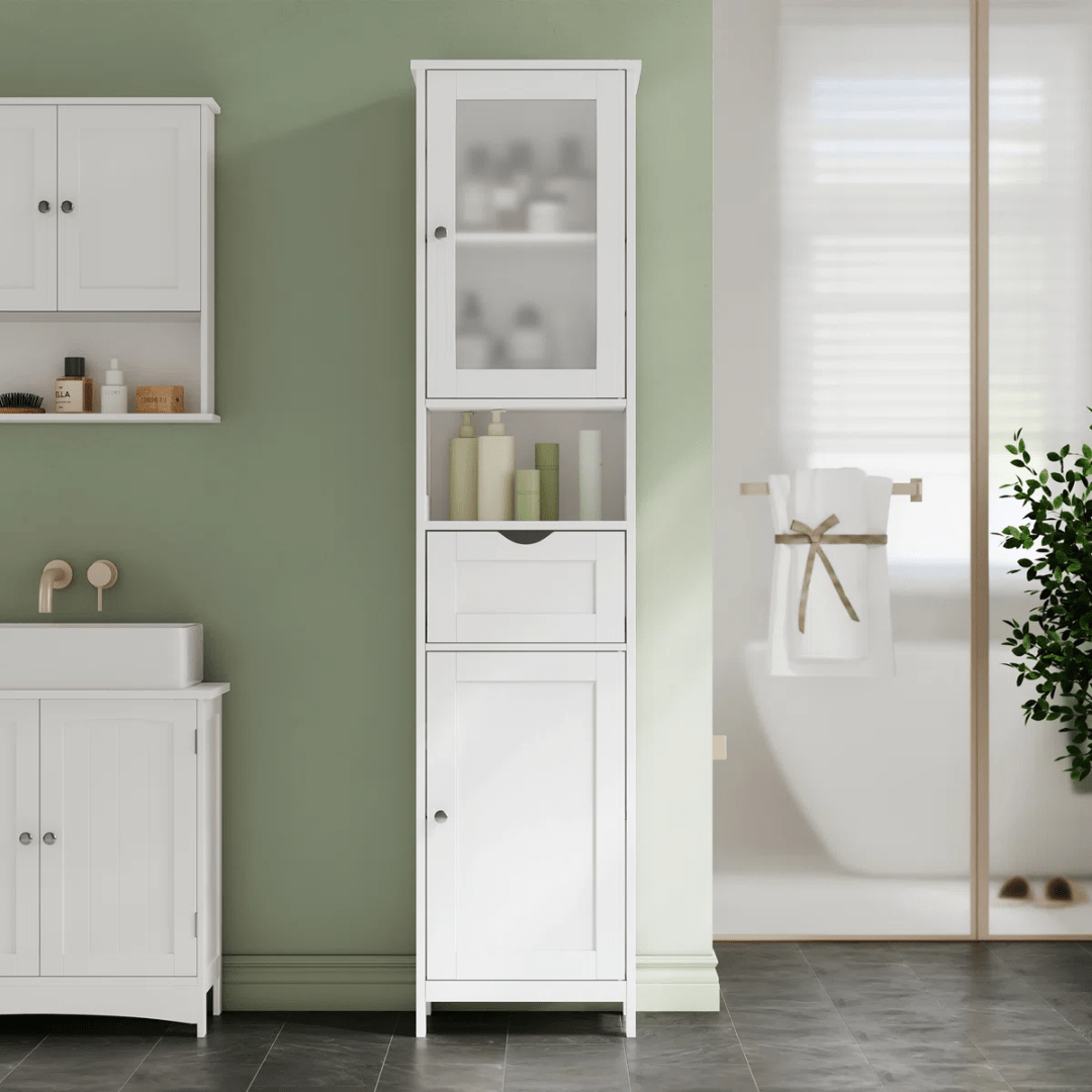 Freestanding Tall Bathroom Storage Cabinet 67in Slim Floor Standing Linen Organizer White / Grey STC022W - with White | Sold by Uncle Wiener's Wholesale