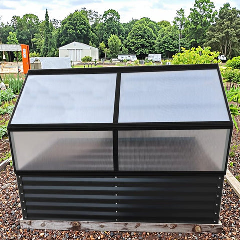 Garden Greenhouse with Raised Bed – Hinged Polycarbonate Panels, Black Aluminum Frame – Model G5681 - with | Sold by Uncle Wiener's Wholesale