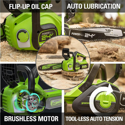 Greenworks 24V 12" Brushless Cordless Compact Chainsaw (Great For Storm Clean - Up, Pruning, and Firewood / 125+ Compatible Tools), Tool Only - with Green | Sold by Uncle Wiener's Wholesale