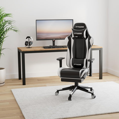 GTRACING Gaming Chair with Footrest, Ergonomic Computer Game Desk Chair, Reclining Gamer Chair Seat Height Adjustment, Swivel Rocker with Headrest and Lumbar (White) - with White | Sold by Uncle Wiener's Wholesale