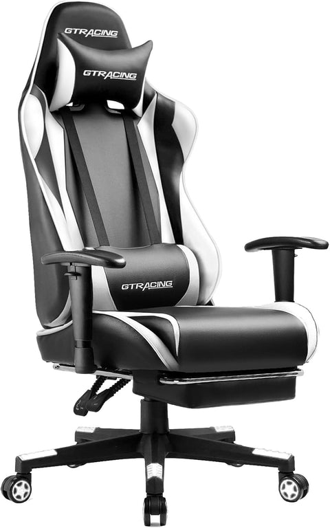 GTRACING Gaming Chair with Footrest, Ergonomic Computer Game Desk Chair, Reclining Gamer Chair Seat Height Adjustment, Swivel Rocker with Headrest and Lumbar (White) - with White | Sold by Uncle Wiener's Wholesale
