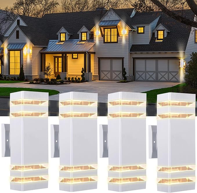 Hameso Dusk-to-Dawn Outdoor LED Wall Sconces – 3000K Warm White IP65 Waterproof Aluminum Exterior Lights - Home decor with 12" - 4 pack (white) | Sold by Uncle Wiener's Wholesale
