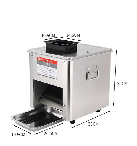 Side view of heavy-duty 110V meat and vegetable slicer for kitchens and delis