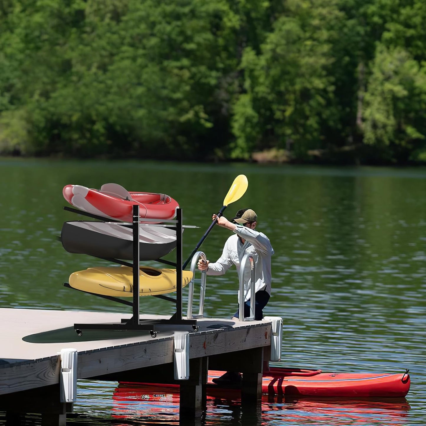 Heavy - Duty 3–4 Layer Kayak Rack – Freestanding Kayak Storage Rack with Wheels & Adjustable Arms KR4TBLK - with | Sold by Uncle Wiener's Wholesale