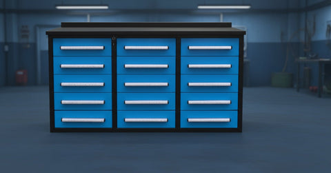 Heavy - Duty 5.5FT Steel Workbench – 10 & 15 Drawer Tool Bench with Locks & EVA Liners - with Blue 15 Drawers | Sold by Uncle Wiener's Wholesale