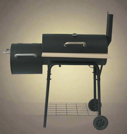 "Heavy-duty charcoal grill with offset smoker combo"
"Powder-coated outdoor charcoal BBQ with side shelves and wheels"