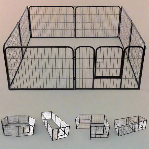 8-panel steel pet playpen outdoors on grass
4-panel indoor dog playpen for small pets
Close-up of pet enclosure with locking gate
Modular playpen panels arranged in circular shape
Folded pet playpen showing compact storage