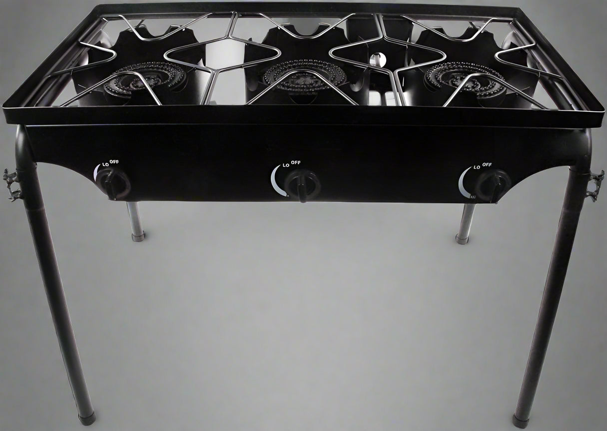 “Heavy-duty propane gas burner with regulator hose”
“Triple burner propane cooker for camping and patio use”