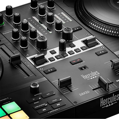 Hercules DJControl Inpulse T7 full controller top-down view
Close-up of motorized jog wheel and fader section
Controller in action with RGB pads lit
Rear I/O port layout and connections