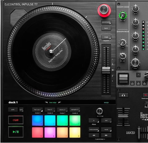 Hercules DJControl Inpulse T7 full controller top-down view
Close-up of motorized jog wheel and fader section
Controller in action with RGB pads lit
Rear I/O port layout and connections