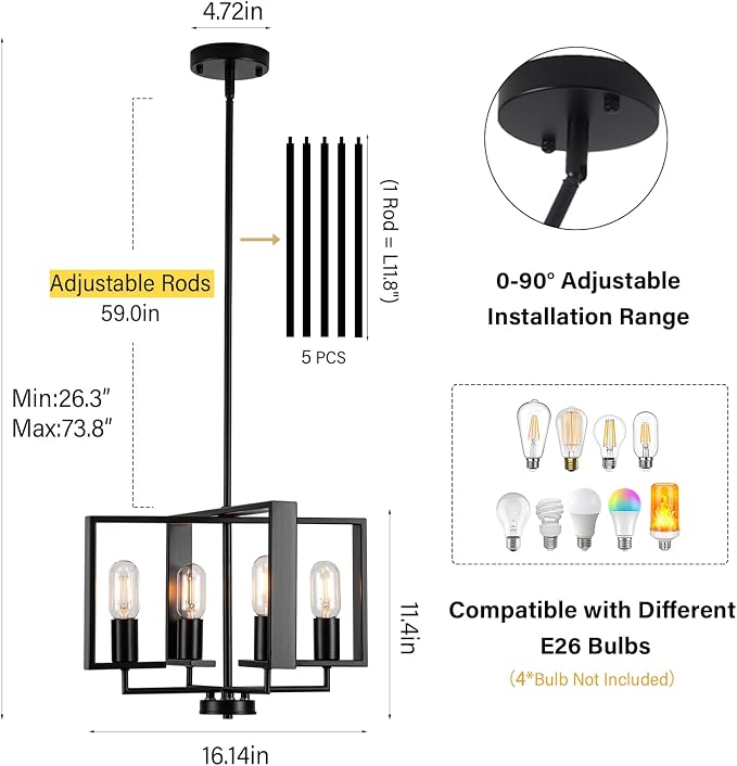 HFYOXK 4-Light Farmhouse Chandelier – 16.14" Black Industrial Pendant Ceiling Light with Adjustable Height for Dining Room, Kitchen Island & Entryway - Furniture with | Sold by Uncle Wiener's Wholesale