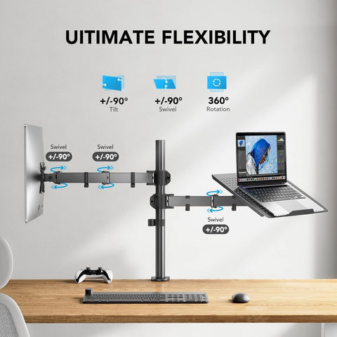 HUANUO Monitor and Laptop Mount with Tray for 13 - 32inch, Fully Adjustable Laptop Notebook Desk Mount up to 17 inch, Weight up to 22lbs, Extension with Clamp and Grommet Mounting Base - with 18x12x16 inch | Sold by Uncle Wiener's Wholesale