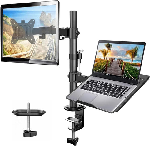 HUANUO Monitor and Laptop Mount with Tray for 13 - 32inch, Fully Adjustable Laptop Notebook Desk Mount up to 17 inch, Weight up to 22lbs, Extension with Clamp and Grommet Mounting Base - with 18x12x16 inch | Sold by Uncle Wiener's Wholesale