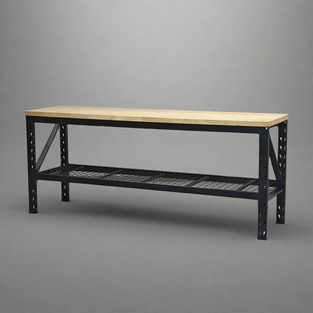 Black steel workbench with wood top in warehouse
60 inch industrial packing bench front view
90 inch heavy-duty steel tool bench top-down
Workbench with anti-slip feet and hardwood surface