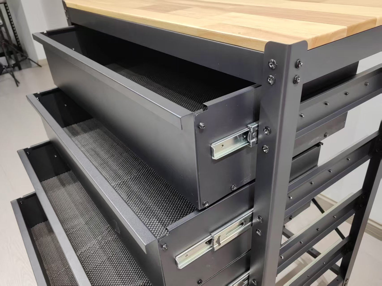 Industrial Steel Workbench with Hardwood Top & 4 Drawers, 33″ x 16″ – Black 2506151 - with | Sold by Uncle Wiener's Wholesale