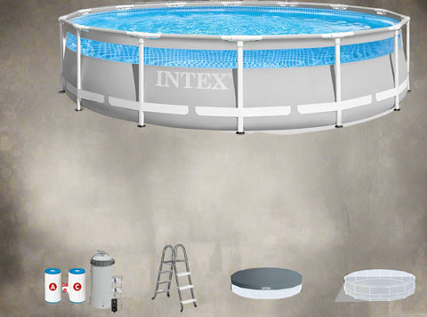 Intex 14ft x 42in round Clearview above ground pool
Family using Intex Clearview pool with kids
Pool filter pump and ladder accessories
Clear sidewall panel on Intex pool – close-up