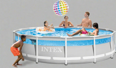 Intex 14ft x 42in round Clearview above ground pool
Family using Intex Clearview pool with kids
Pool filter pump and ladder accessories
Clear sidewall panel on Intex pool – close-up