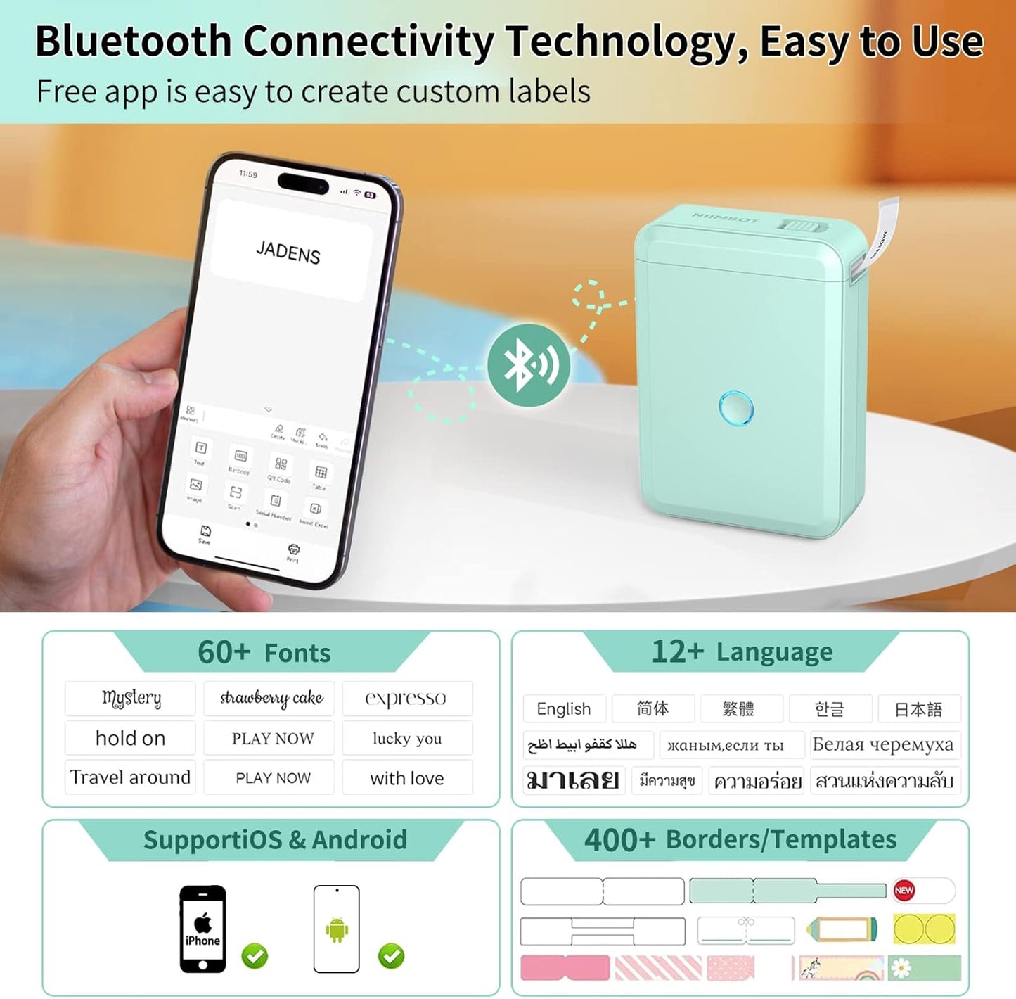 JADENS D110 Bluetooth Label Maker Machine Portable Thermal Label Printer with Tape Green - with | Sold by Uncle Wiener's Wholesale