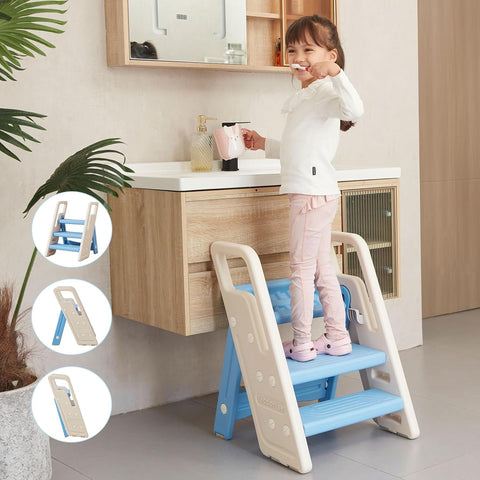 Kiddorise Folding Toddler Step Stool for Bathroom Sink,Adjustable 3 to 2 Step Stools for Toilet Potty Training,Sturdy Kids Step Stool for Kitchen Counter with Handle,Blue - with | Sold by Uncle Wiener's Wholesale