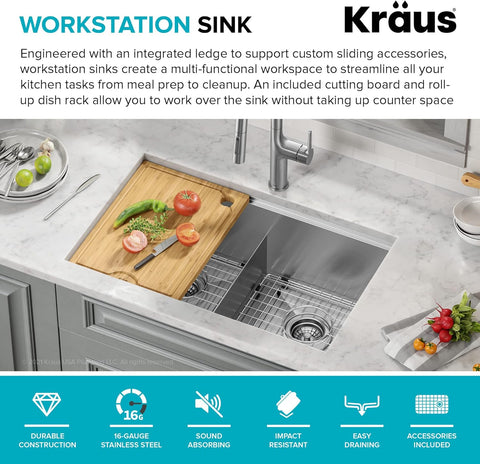 KRAUS Kore Workstation 30 - inch Undermount 16 Gauge Stainless Steel Kitchen Sink, Double Bowl Kitchen Sink with Accessories, KWU112 - 30 - with Stainless Steel | Sold by Uncle Wiener's Wholesale