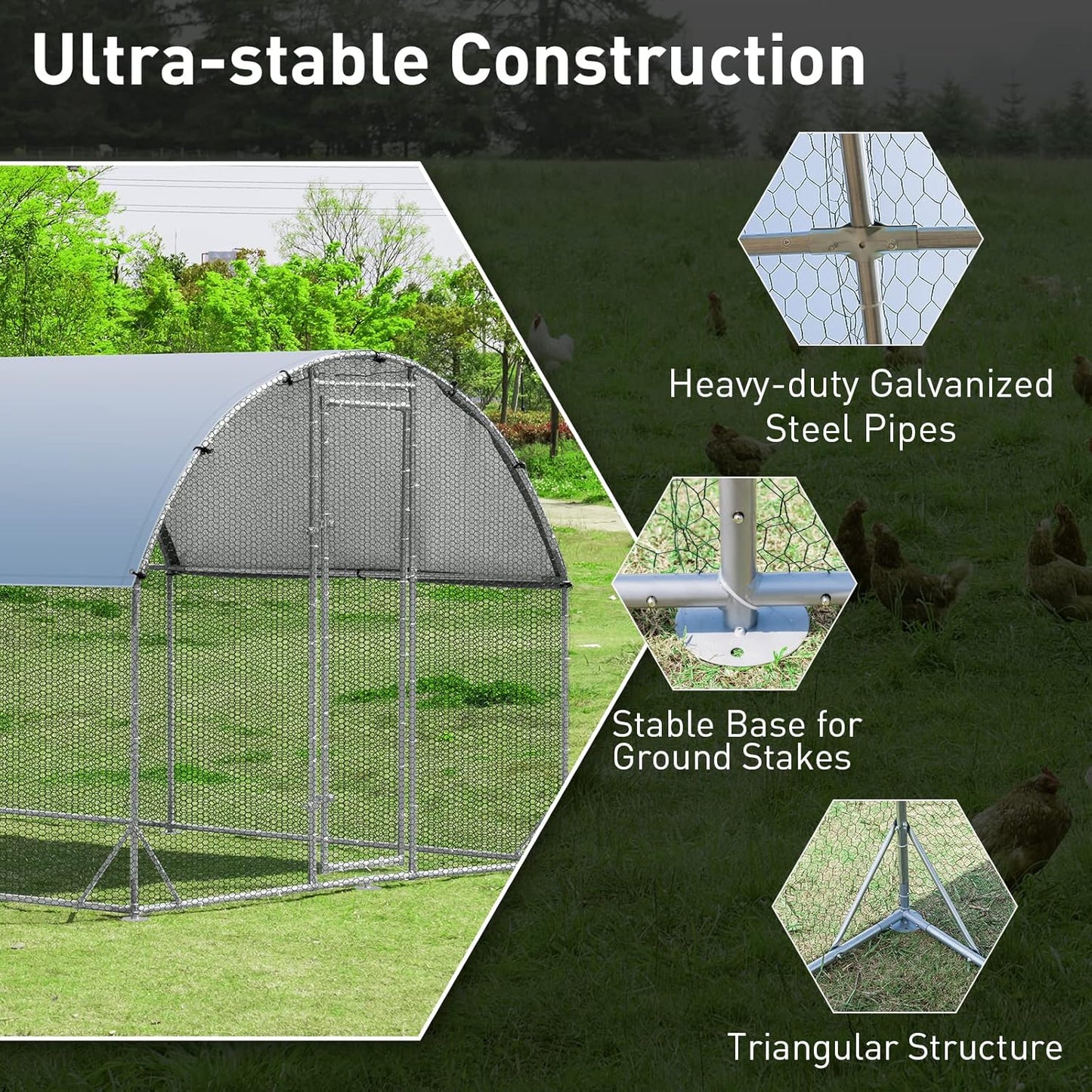 Large Metal Chicken Coop 25 x 9.2 x 6.5ft with Waterproof Cover – Dome Shaped Walk - in Outdoor Poultry Cage – 150630 - with | Sold by Uncle Wiener's Wholesale