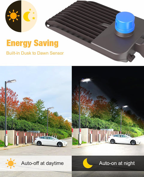 3-pack 200W LED parking lot lights with arm mounts and dusk-to-dawn sensors – 5000K daylight IP65 outdoor commercial lighting