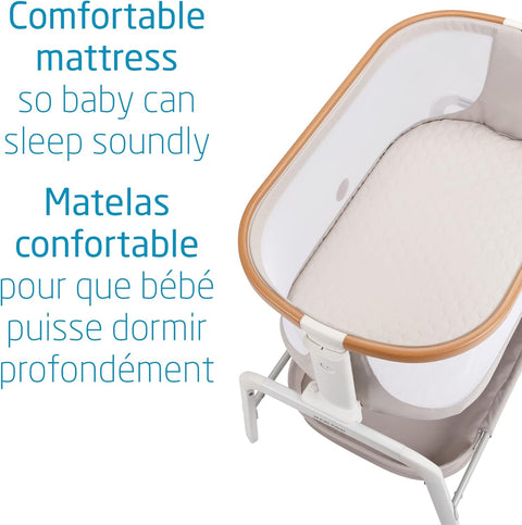 Maxi - Cosi Iora Bedside Bassinet , infant bedside sleeper crib, 4 height positions, portable & folds flat, large storage basket, includes travel bag, Horizon Sand - with | Sold by Uncle Wiener's Wholesale