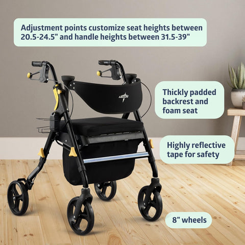 Medline Premium Empower Rollator Walker with Seat, Folding Rolling Walker with 8 - inch Wheels, Black - with | Sold by Uncle Wiener's Wholesale