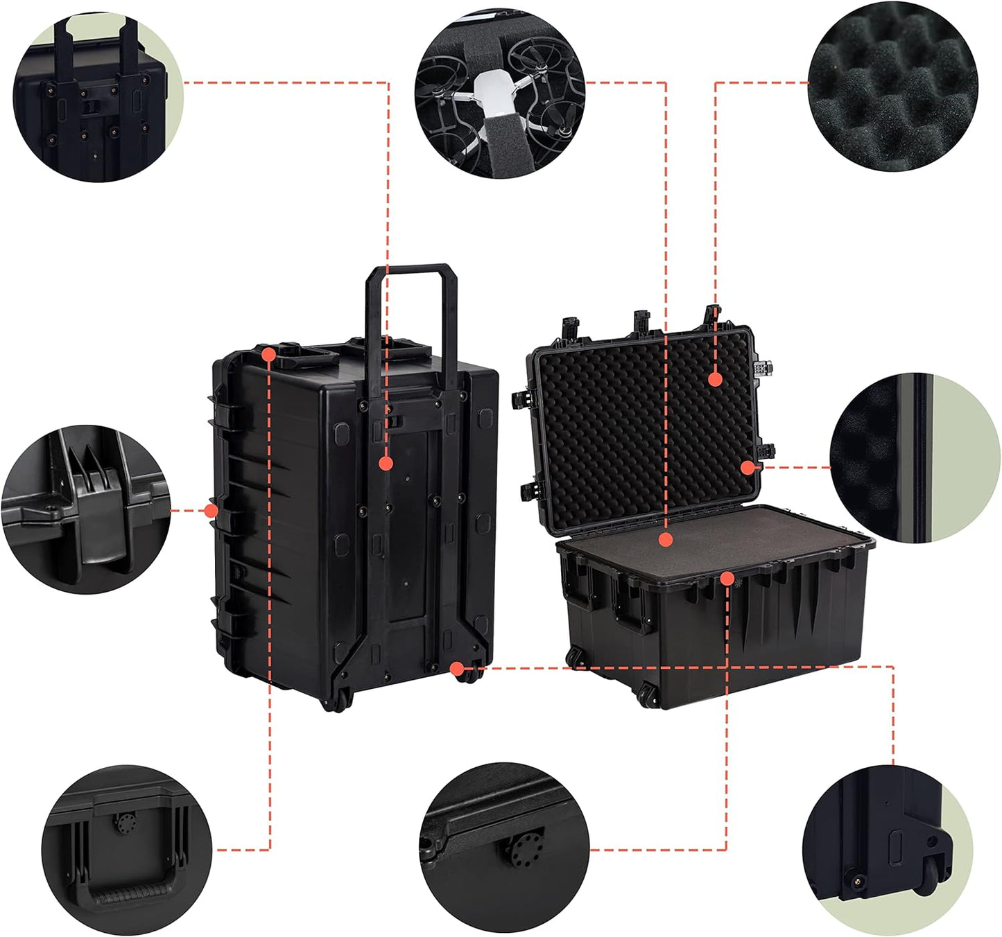 MEIJIA Portable All Weather Waterproof Camera Case,Customizable Fit Foam with Rolling Wheels and Retractable Pull Handle,33.25"X24.4"X19.3" - with | Sold by Uncle Wiener's Wholesale