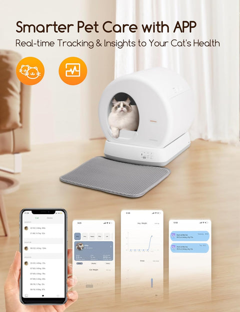 MeoWant Self - Cleaning Cat Litter Box, Integrated Safety Protection Automatic Cat Litter Box for Multi Cats, Extra Large/Odor Removal/APP Control Smart Cat Litter Box with Mat & Liner - with Grey | Sold by Uncle Wiener's Wholesale
