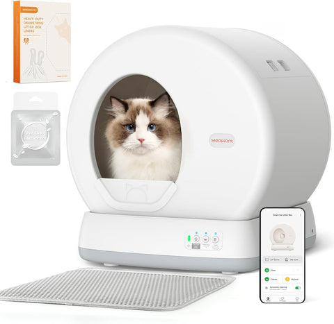 MeoWant Self - Cleaning Cat Litter Box, Integrated Safety Protection Automatic Cat Litter Box for Multi Cats, Extra Large/Odor Removal/APP Control Smart Cat Litter Box with Mat & Liner - with Grey | Sold by Uncle Wiener's Wholesale