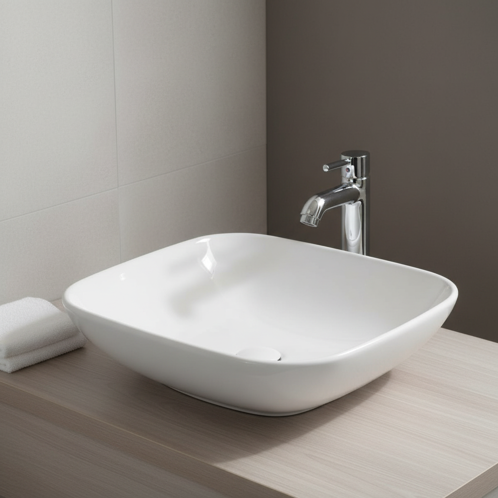 Modern countertop bathroom sink basin in white ceramic
Above counter square vessel sink installed on wooden vanity
Bathroom vanity bowl with chrome faucet and soap dispenser
Dimensions of square countertop sink with standard drain hole
Side and top view of glossy white vessel sink for powder room