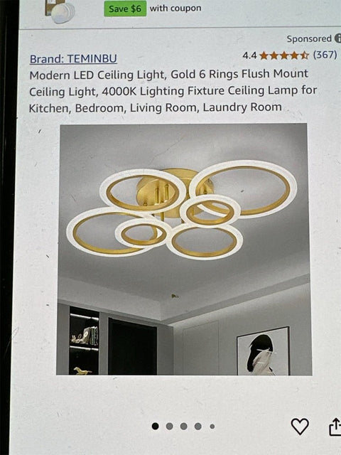 Modern LED gold 6-ring ceiling light, flush mount fixture, 4000K warm white lighting for bedroom and kitchen