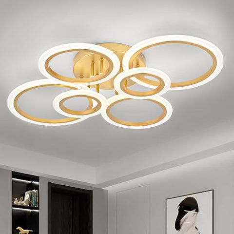 Modern LED gold 6-ring ceiling light, flush mount fixture, 4000K warm white lighting for bedroom and kitchen