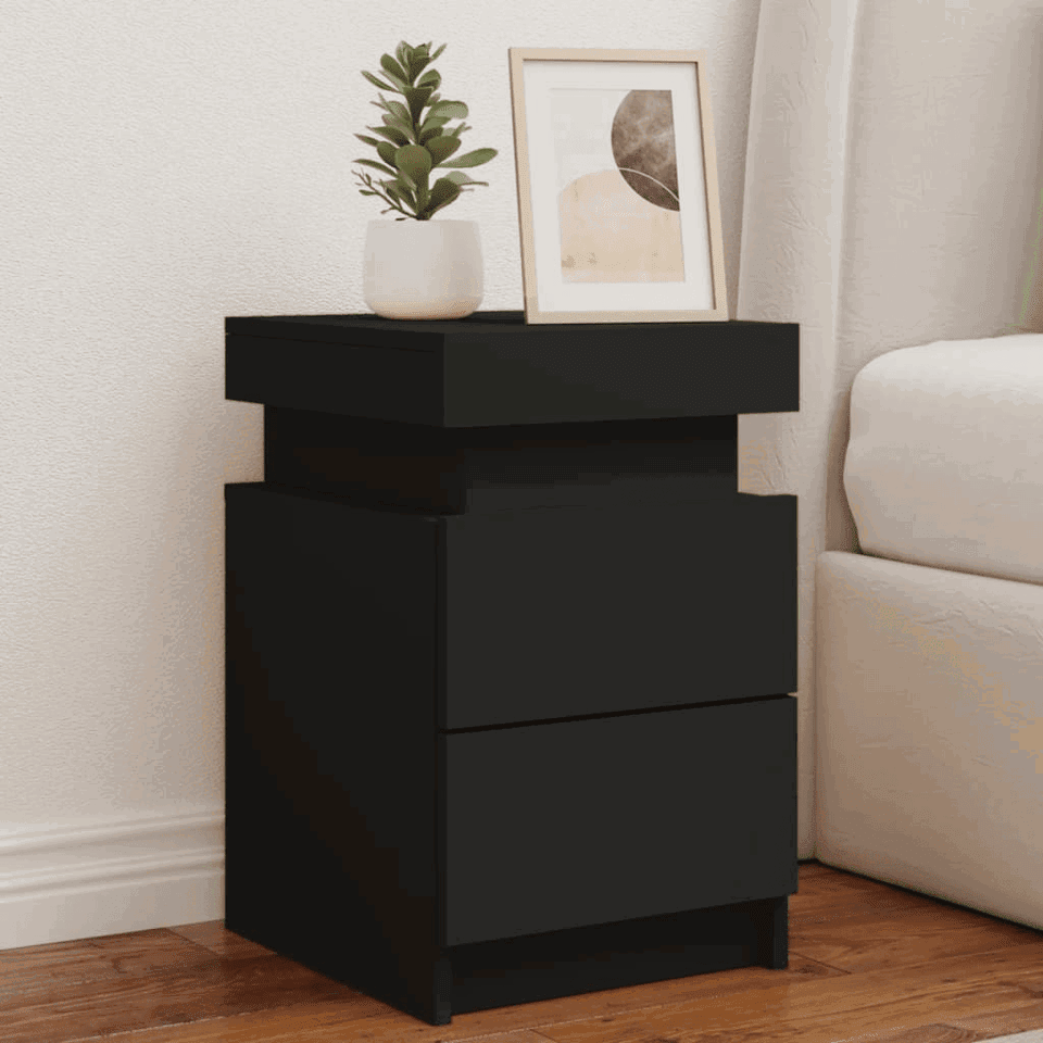 Modern Nightstand with Built - In Power Outlets & RGB LED Accent Lights – High Gloss Finish Bedside Table - with Classic Black | Sold by Uncle Wiener's Wholesale