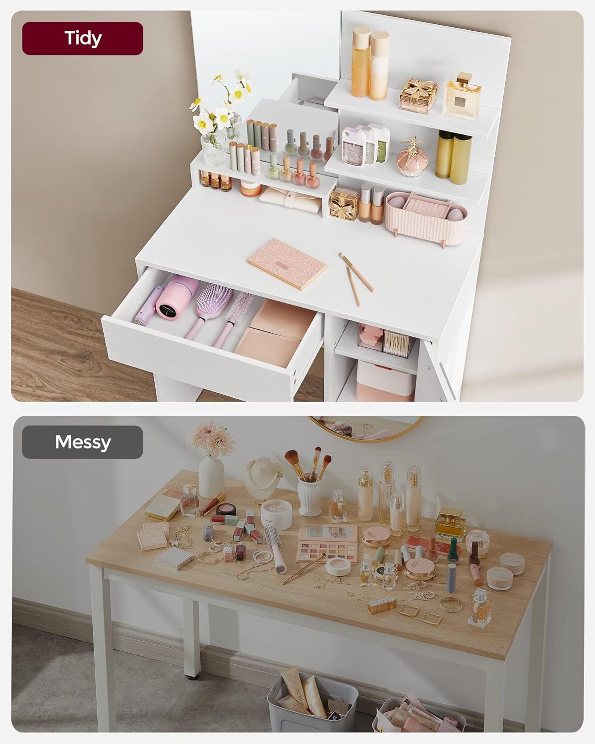 Modern Vanity Desk with Mirror, Drawer, Open Shelves and Storage Cabinet with Adjustable Shelves, Makeup Table White RDT119W01 - with | Sold by Uncle Wiener's Wholesale