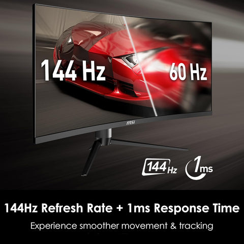 MSI Optix MAG342CQR front view with RGB lighting and curved screen
Highlight showing 144Hz and 1ms features
Mystic Light RGB rear panel close-up
1500R curvature immersive setup display
FPS/Racing/RPG in-game visual demo on UltraWide screen