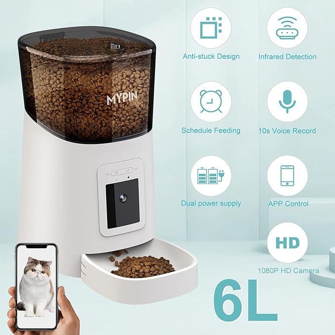MYPIN Automatic Pet Feeder with HD Camera 6L WiFi Smart Food Dispenser for Cats and Dogs White - Pet products with | Sold by Uncle Wiener's Wholesale