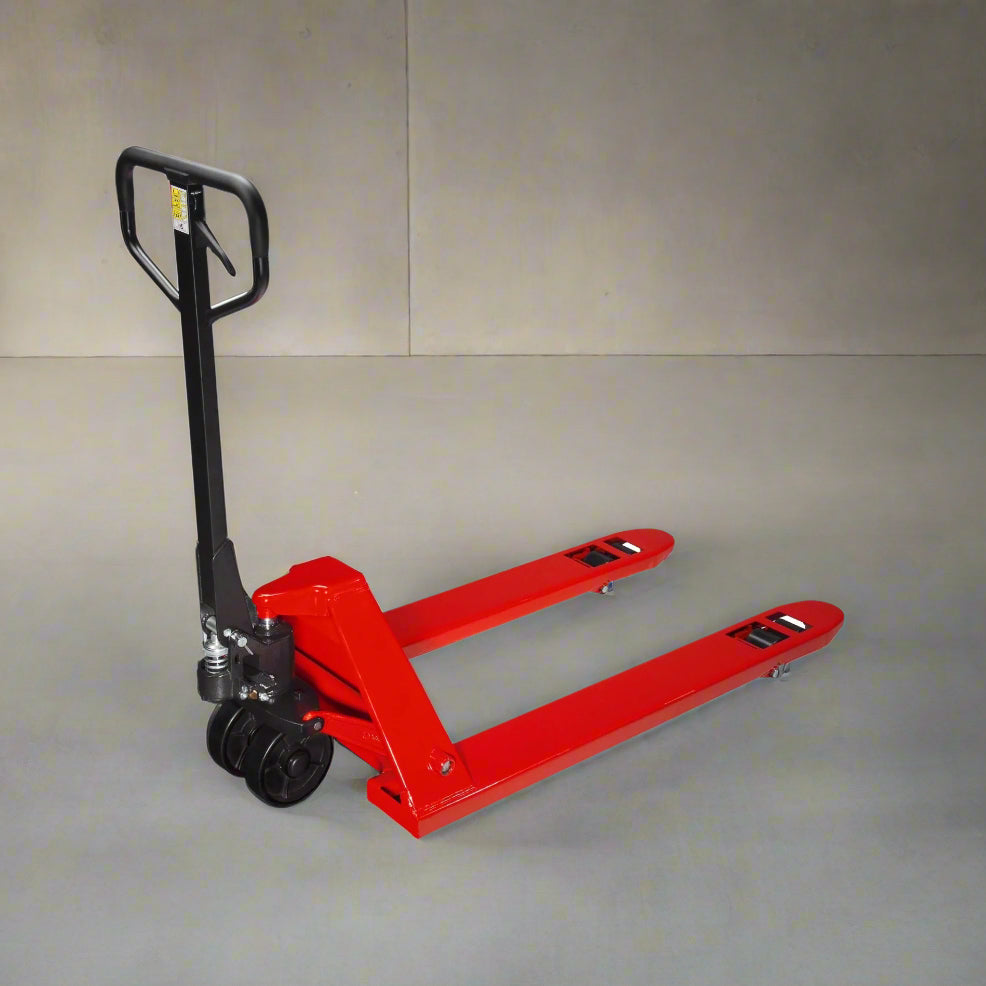 Narrow body red pallet jack with 5500 lb capacity for warehouse use (PJ550N)