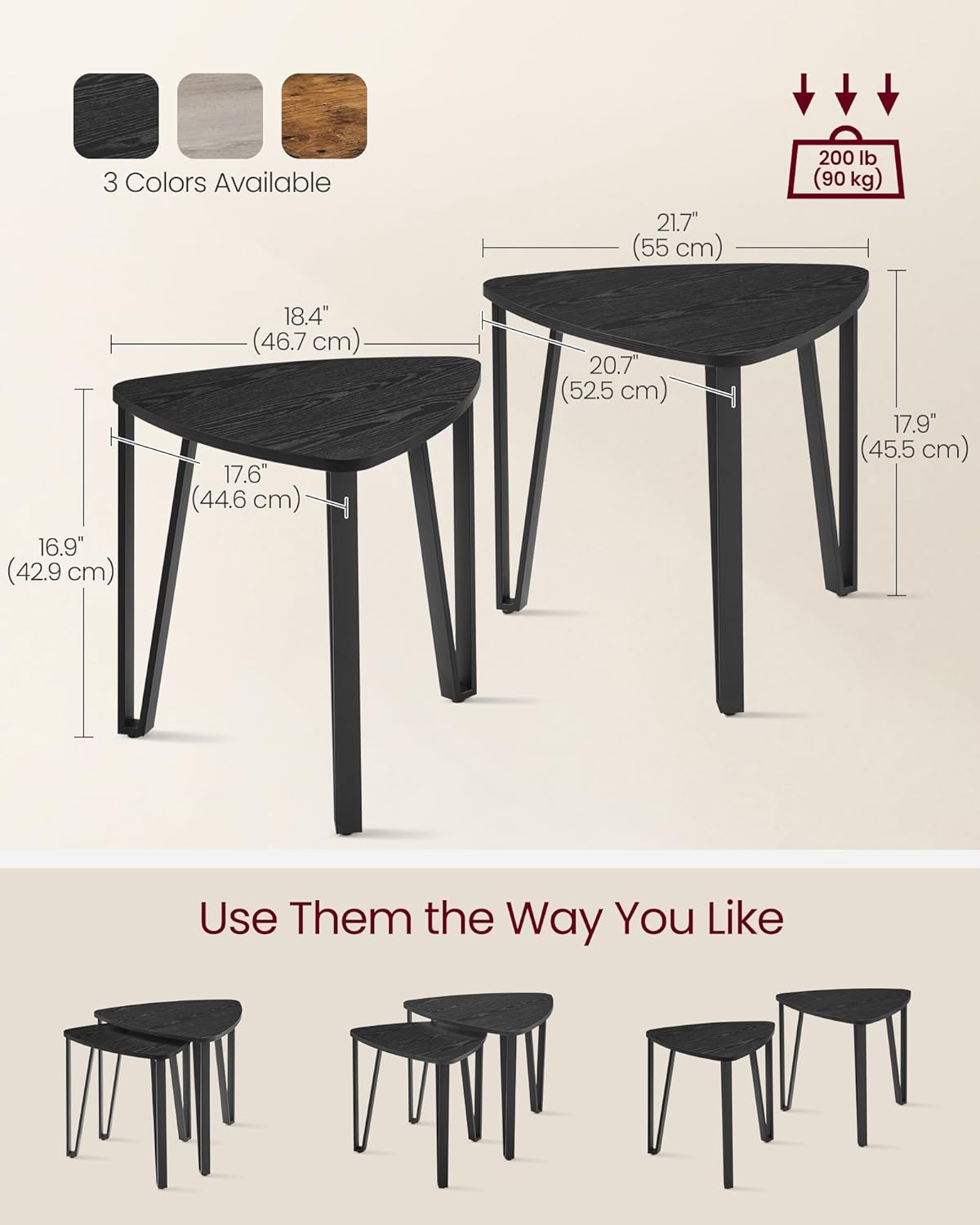 Nesting Triangle End Tables Set of 2, Industrial Coffee Tables and Accent Side Tables for Living Room and Bedroom - with Ebony Black | Sold by Uncle Wiener's Wholesale