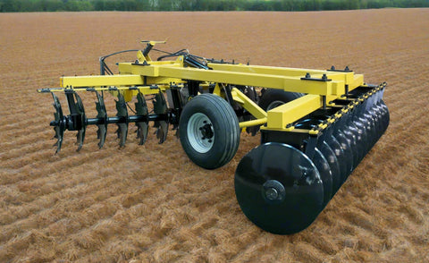 Yellow 10 ft offset disc harrow on field-ready tires
Side profile of 14 ft hydraulic disc harrow with black frame
17 ft disc harrow for large-scale farming operations
Rear angle of disc harrow showing disc blade spacing
Overhead view of disc harrow attachment connected to tractor