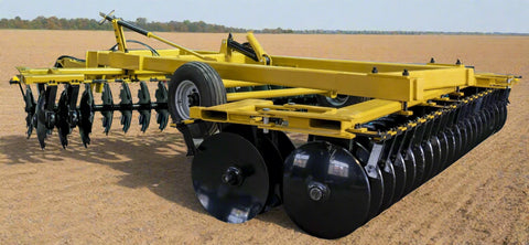 Yellow 10 ft offset disc harrow on field-ready tires
Side profile of 14 ft hydraulic disc harrow with black frame
17 ft disc harrow for large-scale farming operations
Rear angle of disc harrow showing disc blade spacing
Overhead view of disc harrow attachment connected to tractor